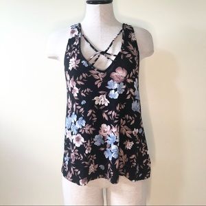 American eagle soft & sexy crepe black floral print tank top XS